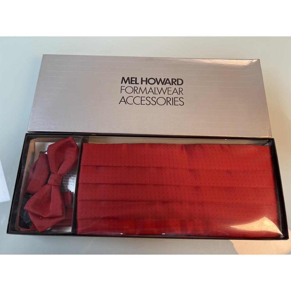 Mel Howard Cummerbund Bow Tie Set Red Black Polka Dot Prom Tux